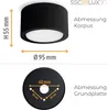 Diagrams showing the dimensions of a black cylindrical ceiling light fixture and its mounting plate. Produktbild-Vorschau