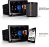 The image shows a car infotainment system and a Bluetooth speaker in the top panel, and the same infotainment system with a smartphone in the bottom panel, illustrating different functionalities. Podgląd zdjęcia produktu