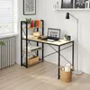 A computer desk with shelves and a laptop on it, in a room with a window and radiator. Voir les images du produit