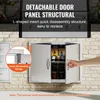 A person's hand is opening a stainless steel cabinet door, revealing jars and boxes inside. Text overlays describe features of a grill. Náhled obrázku produktu