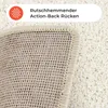 Close-up of the back of a cream-colored shaggy rug, showing its non-slip backing and edge binding, placed on a white shaggy carpet. Text overlay describes the product's features. Náhled obrázku produktu