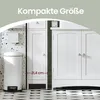 A bathroom scene showing a narrow white cabinet and a trash can, with a measurement indicating the width of the cabinet. Produktbild-Vorschau