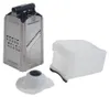 A stainless steel grater with a black handle and two white plastic accessories are arranged on a white background. Produktbild-Vorschau