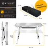 A diagram showing the dimensions and features of a foldable camping table, including its carrying bag. Produktbild-Vorschau