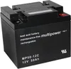 A black lead-acid battery with text and logos on its side. Voir les images du produit