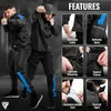 Two men in boxing stances wearing black and blue tracksuits, with feature callouts on the right. Podgląd zdjęcia produktu