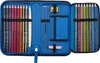 An open pencil case filled with colored pencils, a ruler, an eraser, and a sharpener. Voir les images du produit