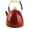 A red enamel kettle with a wooden handle is shown against a white background. Podgląd zdjęcia produktu