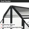 Close-up view of the top section of a greenhouse with text overlays. Produktbild-Vorschau