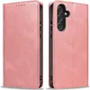 A pink leather flip case for a Samsung Galaxy A54 5G phone is shown from two angles. Produktbild-Vorschau