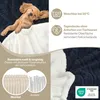 A close-up of a fluffy blanket with a puppy resting on it, accompanied by marketing text and icons. Produktbild-Vorschau
