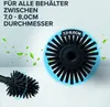A close-up of a toilet brush head with a blue glow, and a smaller toilet brush head in the foreground. Green leaves are scattered around. Produktbild-Vorschau