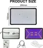 A collage of images showing a full-spectrum LED grow light, its back, and a close-up of its illuminated LEDs, along with accessories and size dimensions. Náhľad obrázku produktu
