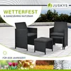 A set of outdoor furniture, including chairs and a table, is displayed on a patio with a background of trees and sky. The image also features seasonal vignettes at the bottom. Produktbild-Vorschau