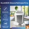 A KLAMER ice maker machine is shown with text highlighting its features, such as a high-quality metal housing, ice production speed, and water tank capacity. It also includes an ice scoop and recipe book. Produktbild-Vorschau