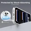 A clear phone case is shown on a diagonal angle, with a close-up inset showing shock absorption features. Podgląd zdjęcia produktu