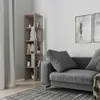 A modern living room corner with a gray sofa, a tall, narrow bookshelf, and curtains. Produktbild-Vorschau