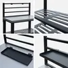 A collage of four close-up images of a black metal shelf unit, likely for an outdoor kitchen, showing different angles and details of its construction and accessories. Anteprima dell’immagine prodotto