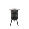 A black metal fire pit with a round lid on a white background. Produktbild-Vorschau