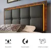 A close-up view of a headboard with integrated LED lighting, accompanied by icons and text describing product features. Náhled obrázku produktu