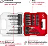 A tool set with drills and bits displayed in an open case, with labels indicating the contents. Voir les images du produit