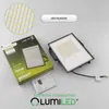 A product shot of an LED floodlight with its packaging and some documentation, set against a light gray background. Voir les images du produit