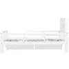 A side view of a white wooden bed frame with drawers underneath and a bookshelf headboard. Produktbild-Vorschau