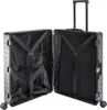 An open black and silver aluminum suitcase with straps inside. Produktbild-Vorschau