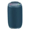 A blue cylindrical portable Bluetooth speaker with a colorful LED light ring on top. Produktbild-Vorschau