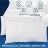 Two white pillows are shown in the foreground, with icons and text describing product features above them. Produktbild-Vorschau