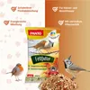 A product image for bird food, featuring the packaging and a pile of the food, with birds and descriptive text. Produktbild-Vorschau