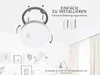 An illustration showing how to install a smoke detector on a ceiling, with accompanying text and mounting hardware. Produktbild-Vorschau