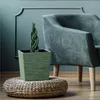 A green planter with a braided plant sits on a woven stool next to a plush armchair in a room with teal walls. Produktbild-Vorschau