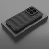 A black phone case with a textured back and a camera bump is displayed on a gray platform. Produktbild-Vorschau
