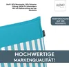 A close-up of a striped and solid aqua cushion or mattress topper, with text overlays describing its features and brand. Produktbild-Vorschau