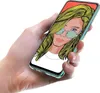 A hand holding a smartphone displaying a graphic illustration of a woman's face. Produktbild-Vorschau