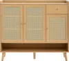 A wooden cabinet with rattan doors and a drawer, presented against a white background. Voir les images du produit