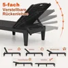 A black plastic sun lounger with its backrest shown in multiple adjustable positions, accompanied by smaller images illustrating different uses. Produktbild-Vorschau