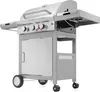 A stainless steel gas grill with four burners and a side cabinet, shown against a white background. Náhled obrázku produktu