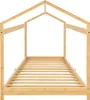 A wooden bed frame with a house-shaped canopy, shown from the front. Náhled obrázku produktu