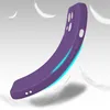 A purple phone case is shown with feathers floating around it, suggesting lightness. Produktbild-Vorschau