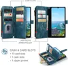 A collage of images showing a blue leather wallet-style phone case with card slots and a zipper pocket, with a phone inserted. Anteprima dell’immagine prodotto