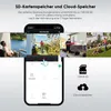 Collage of images showing different scenarios and features related to a surveillance camera, including a phone interface and storage options. Náhled obrázku produktu