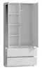 An open white wardrobe with shelves on the left and a hanging rod on the right, with two drawers at the bottom. Produktbild-Vorschau