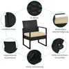 A diagram illustrating the features of a black rattan chair with a beige cushion. Podgląd zdjęcia produktu