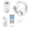 A collage of a digital thermostat plug, a remote control, and a power cord with an outlet. Voir les images du produit