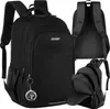 A collage of images showing a black backpack from different angles, including a close-up of the front and a view of the back. Náhled obrázku produktu