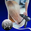 A person is drying blonde hair with a hairdryer, with a circular graphic of a woman's profile and stars in the foreground. Produktbild-Vorschau