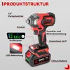 An illustration of a cordless impact wrench with various features labeled in German. Produktbild-Vorschau