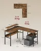 A collage showing a diagram and a 3D render of an L-shaped desk with dimensions and weight capacity indicated. Náhled obrázku produktu